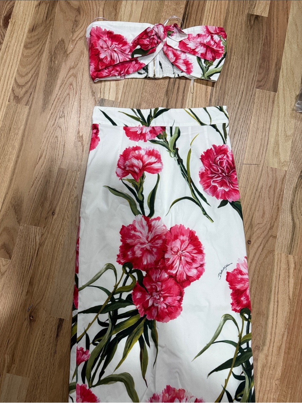 Dolce & Gabbana White Midi Skirt with Pink Floral Print